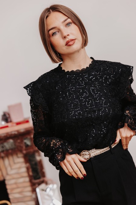 Blouse noir avec sequins femme.